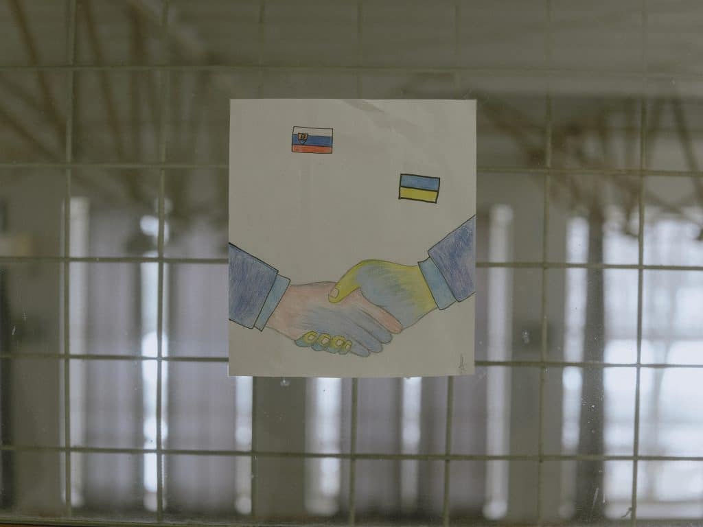A drawing from refugee children at a school in Kvacany, Slovakia. March 9, 2022 © Ismail Ferdous / Agence VU' for Blind