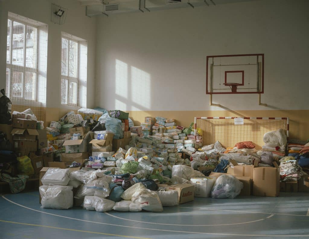 Donations gathered in a school in Chop used as makeshift shelter. March 15, 2022 © Ismail Ferdous / Agence VU' for Blind