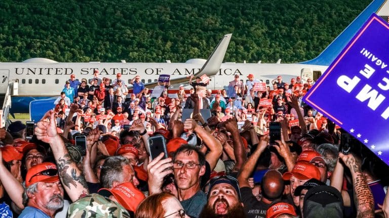 President Trump complains about the media during a campaign rally. At each of his campaign events, he stokes anger at the “fake news,” and much of the crowd turns around to boo the media and give us the finger. Yet when we talk to Trump’s supporters before and after his speech, they are generally kind and polite. Still, after a violent encounter with a mob in Egypt, I know how quickly and easily groups of people can turn when inflamed. Montoursville, Pennsylvania. USA. 2019. © Peter van Agtmael / Magnum Photos