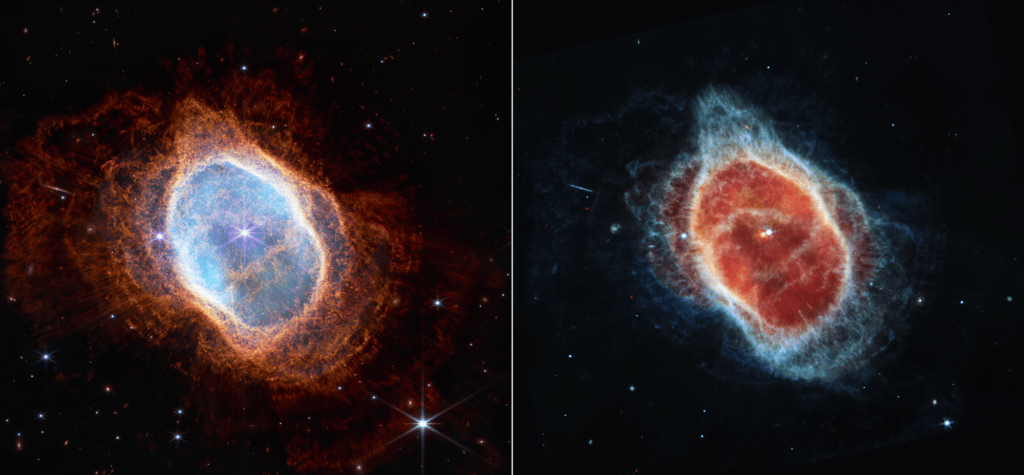Southern Ring Nebula. This side-by-side comparison shows observations of the Southern Ring Nebula in near-infrared light, at left, and mid-infrared light, at right, from NASA’s Webb Telescope.