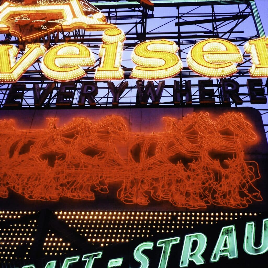 Close up of neon lights in Times Square, New York, 1957.