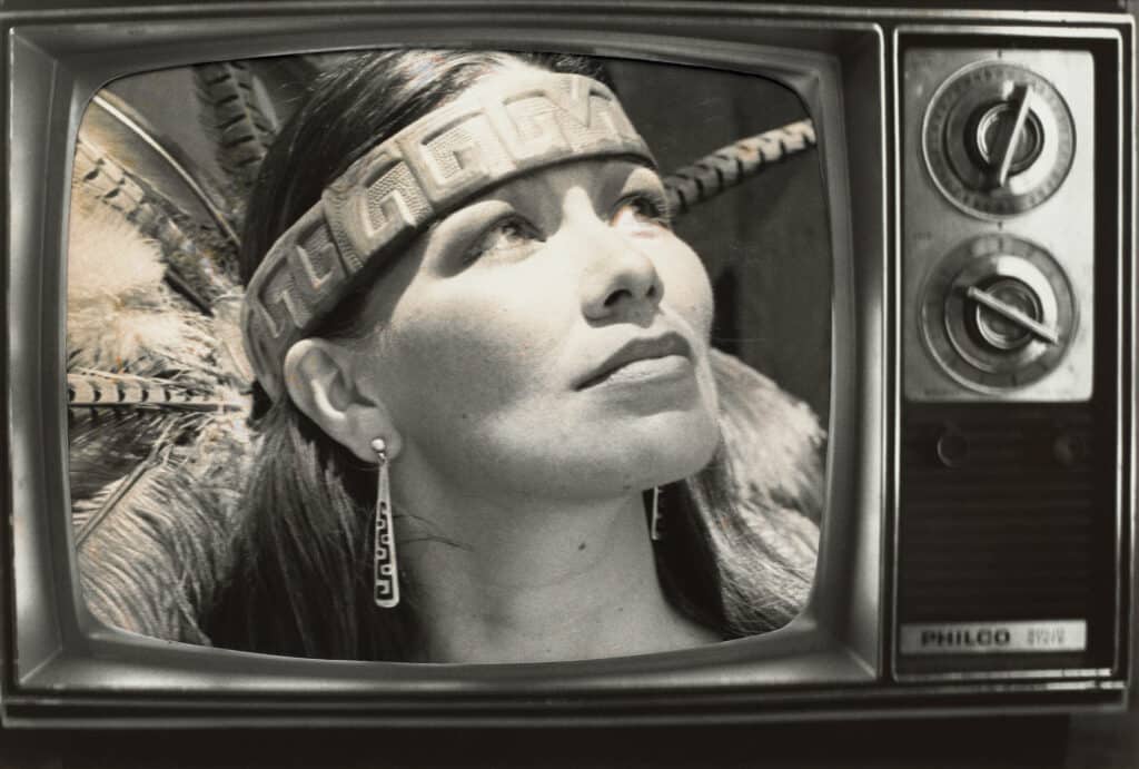 Hulleah J. Tsinhnahjinnie, Vanna Brown, Azteca Style, 1990. Photo collage, 23 9/16 × 30 in. (59.8 × 76.2 cm).  The Museum of Modern Art, New York.  Gift from Helen Kornblum in honor of Roxana Marcoci.  © 2022 Hulleah J. Tsinhnahjinnie