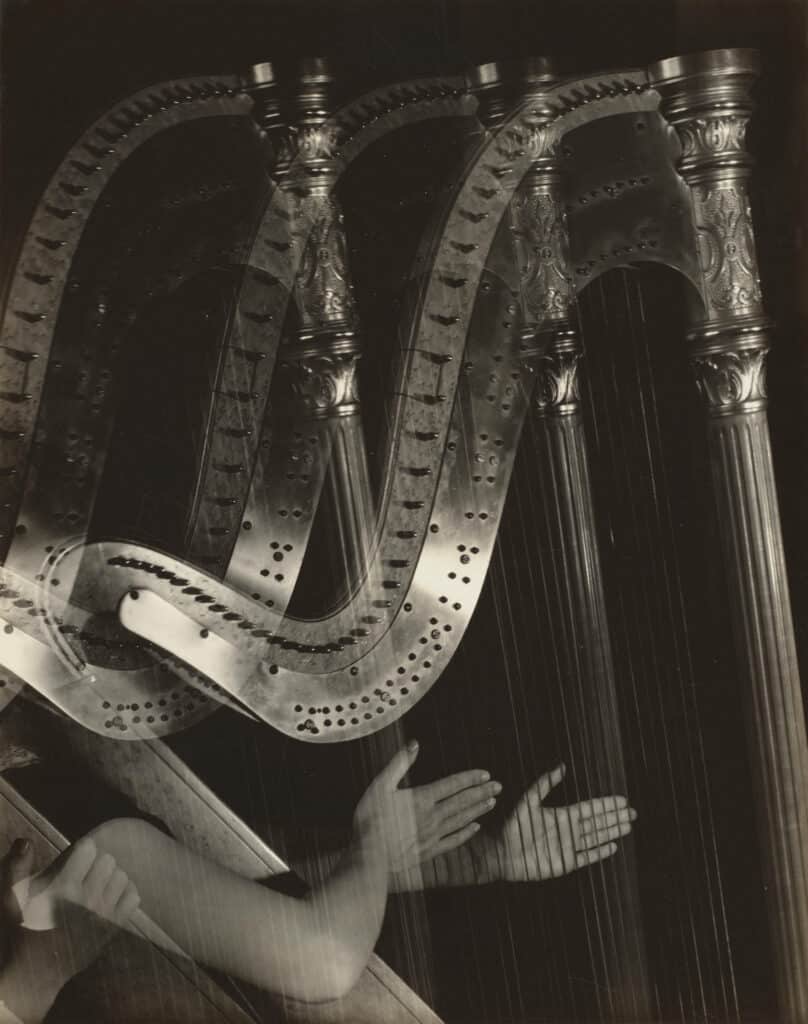 Imogen Cunningham, Three Harps, 1935. Gelatin silver print, 9 5⁄8 × 7 1⁄2 in. (24.4 × 19.1 cm).  The Museum of Modern Art, New York.  Gift from Helen Kornblum in honor of Roxana Marcoci.  © 2022 Estate of Imogen Cunningham.