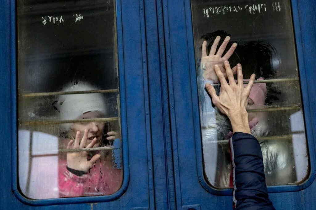 The train station in Lviv is the main hub for for refugees trying to escape the war in Ukraine. Mainly to Poland. Trains comes from all over the country and the thousands of mostly woman and children have to wait for 8, 12 and 24 hours in long queues despite the freezing cold. © Mads Nissen