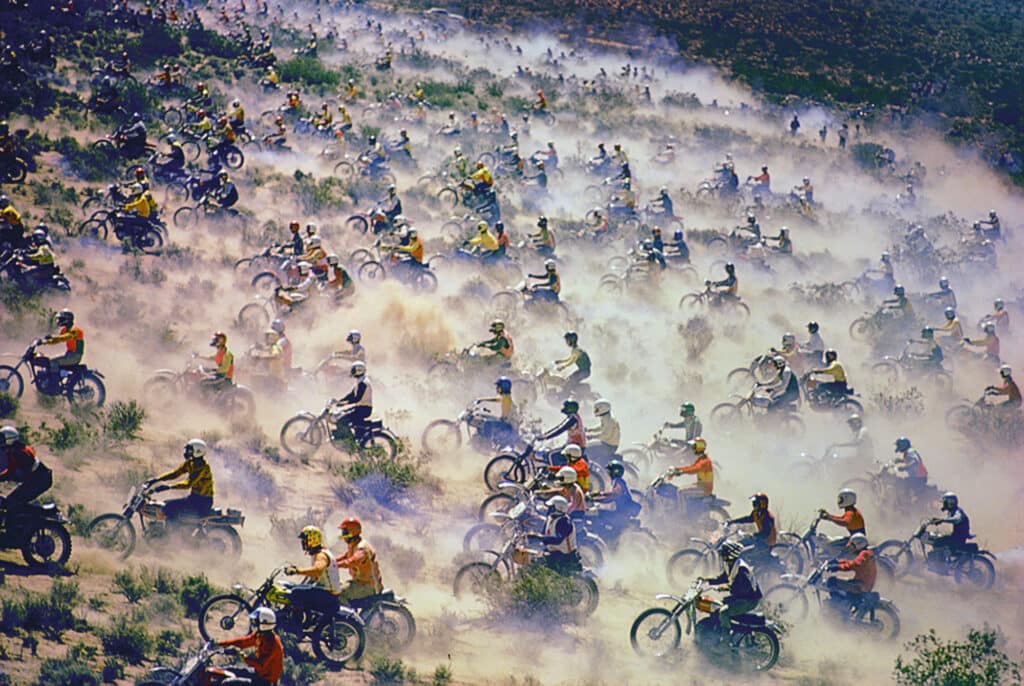 Motorcyclists racing through Mojave Desert, 1971. ©Bill Eppridge Courtesy of Monroe Gallery of Photography