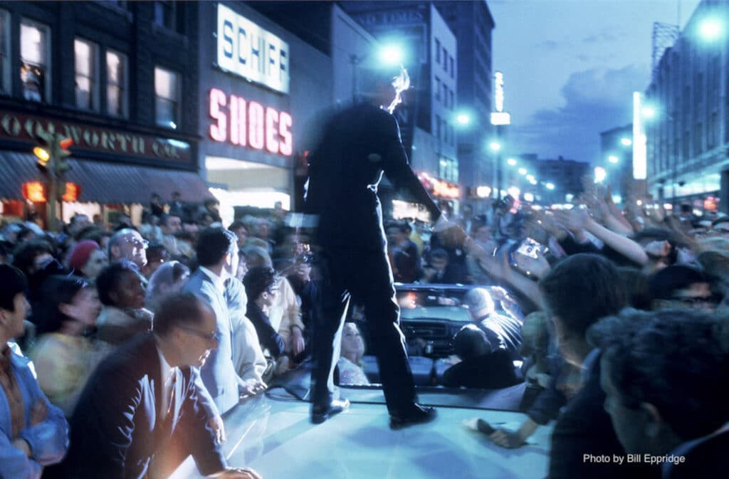 Bobby Kennedy campaigns into the night, Indiana, 1968. ©Bill Eppridge Courtesy of Monroe Gallery of Photography