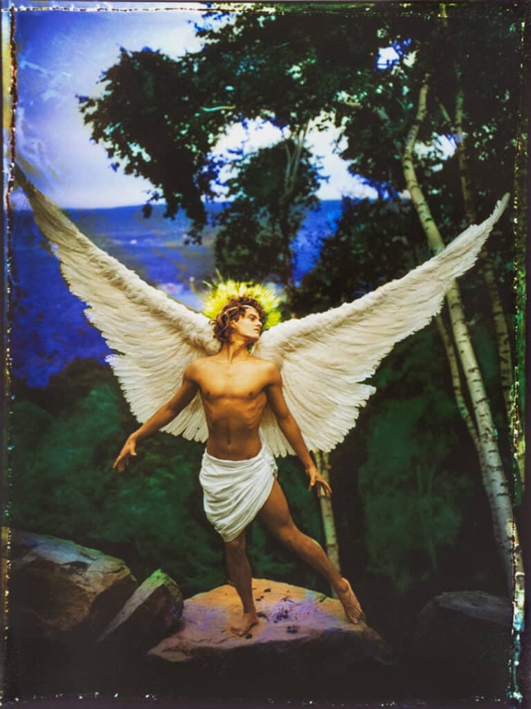 “Archangel Uriel” 1985/2022. Archival pigment print (Edition of 500), 16 x 12 inches. © David LaChapelle, courtesy of CLAMP, New York.