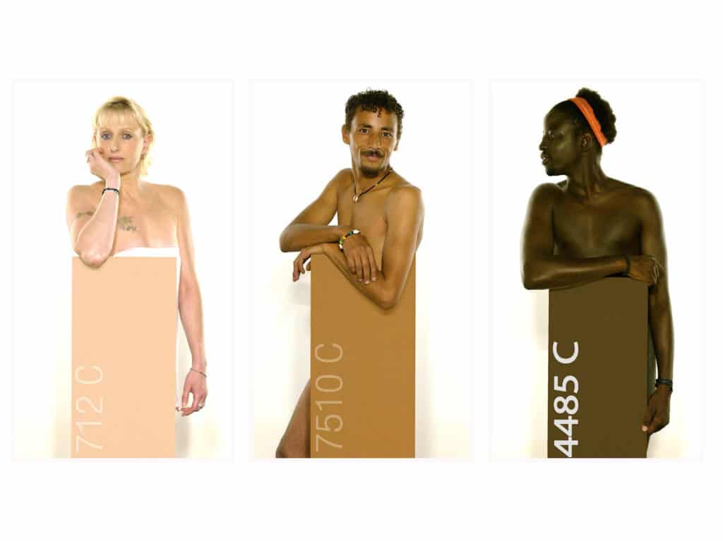 The color of my skin, 2005. Peter Knapp is a photographer, painter, graphic designer and art director. In 2005, he produced a series of 9 portraits of young smiling inhabitants of Cergy, accompanied by the Pantone reference corresponding to their skin color. This series is part of an artistic exchange between France and Brazil. © Peter Knapp