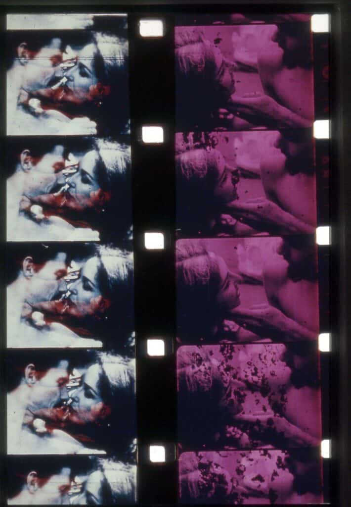Two film strips from Fuses,1964–67 16 mm film transferred to HD video, colour, silent, 29:51 min. Original film burned with fire and acid, painted and collaged Courtesy Electronic Arts Intermix (EAI), New York Courtesy of the Carolee Schneemann Foundation and Galerie Lelong & Co., Hales Gallery, and P.P.O.W, New York and © Carolee Schneemann Foundation / ARS, New York and DACS, London 2022