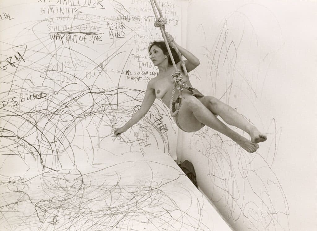 Up to and Including Her Limits, 10 June 1976 Studiogalerie, Berlin Photograph by Henrik Gaard Carolee Schneemann Papers, Getty Research Institute, Los Angeles (950001) © Carolee Schneemann Foundation / ARS, New York and DACS, London 2022