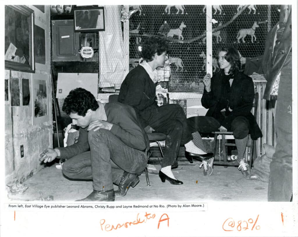 East Village Eye publisher Leonard Abrams, Christy Rupp and Layne Redmond at No Rio, 1980. Photo by Alan Moore