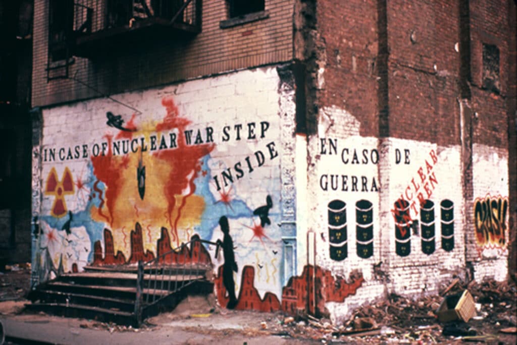 John Fekner and Johnny "Crash" Matos, Fallout Shelter Mural on Suffolk Street, 1981. Photo by Jack Fekner