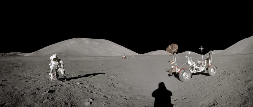 December 12, 1972, EVA 1 Hasselblad 70mm. 60mm F/5.6 lens by Gene Cernan, NASA Ref: AS17-134-20438 At 20,444. Back at the lunar module (at 150 meters), Schmitt unfolds the transmitter's solar panels for the surface electrical properties experiment. A crossed dipole antenna was laid out with four 35-meter long wires, following the markings drawn on the ground by Cernan, driving the rover. Cernan consults the checklist attached to his sleeves: "OK, it says, 'Bring the location photo to the module.'" At the end of the outing, Cernan says, "Do you want to walk home or drive?" Schmitt: "Oh, I'll walk home." © NASA_JSC_ASU_Andy Saunders