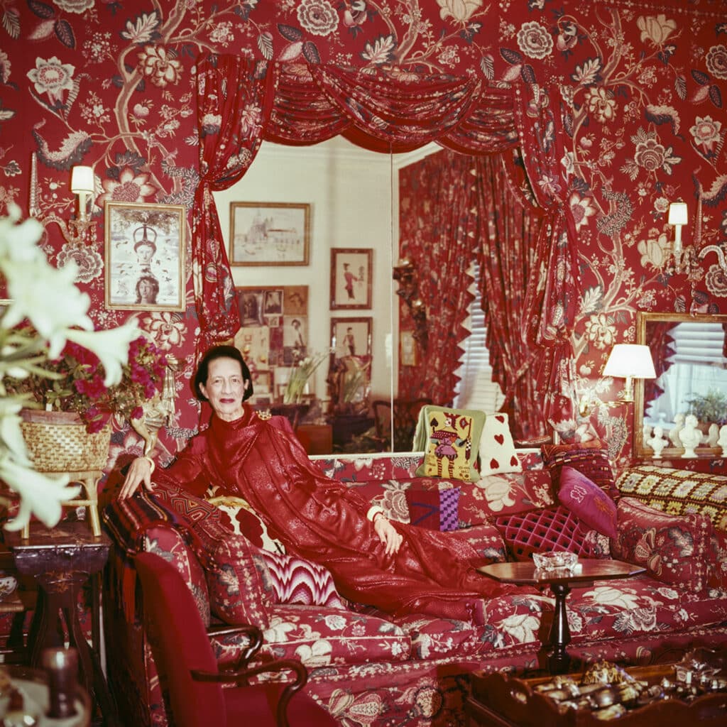 Diana Vreeland in her New York apartment decorated by Billy Baldwin, 1979. Archival Pigment Print Mounted on Aluminum. © Courtesy of the Horst P. Horst Estate and The Art Design Project Gallery