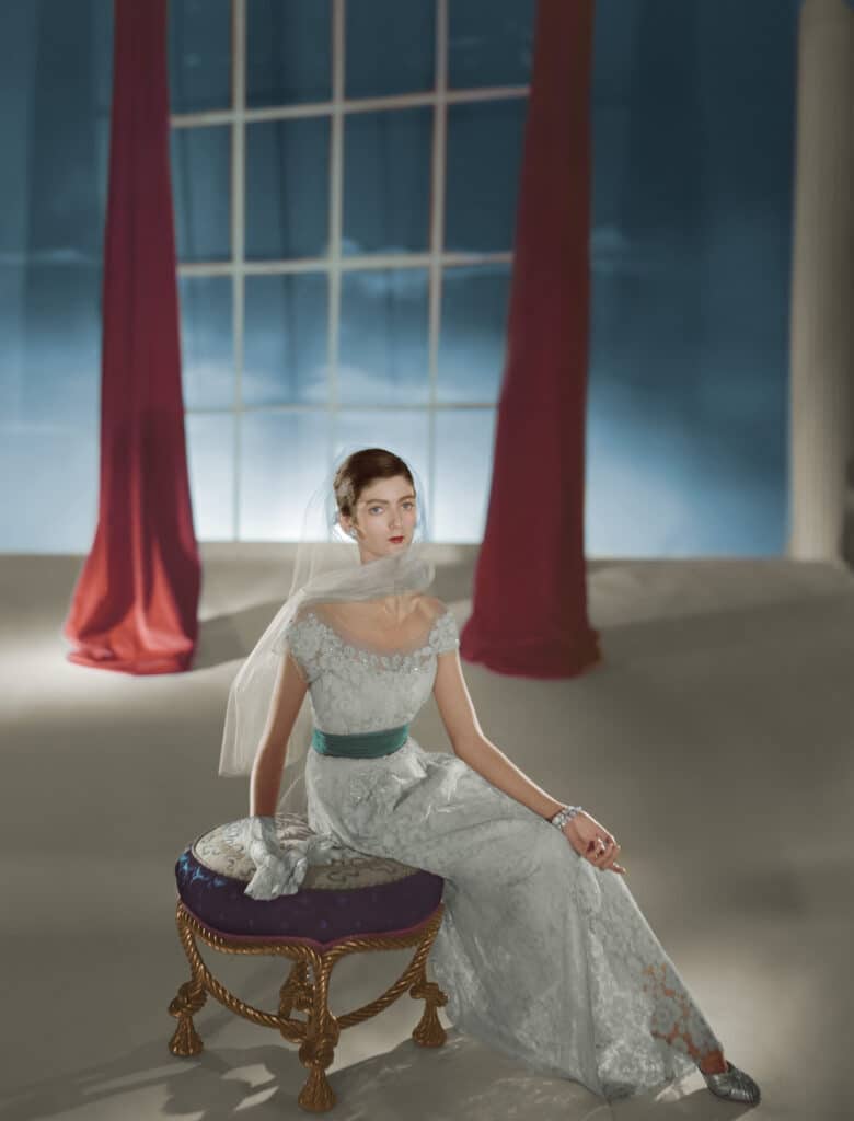 Model Carmen Dell'Orefice, dress by Hattie Carnegie, 1947. Archival color pigment print. Later print by the Horst P. Horst Estate. © Courtesy of the Horst P. Horst Estate and The Art Design Project Gallery