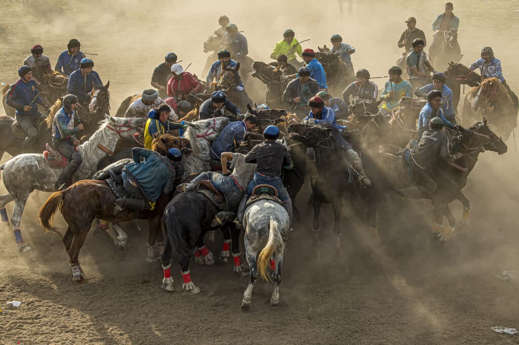 In the steppe near the capital Nur-Sultan, kokparshy, or Kokpar players, compete in an indescribable melee to grab a headless goat body. The communal version of this game sees up to 200 or 300 players competing, each playing for himself. The tribes that descended from Genghis Khan spread their culture throughout Mongolia and Central Asia, but nowhere in this region is the contrast between the contemporary and the ancient higher than in Kazakhstan. And nowhere is the interaction between the two more clearly embodied than in the kokpar.