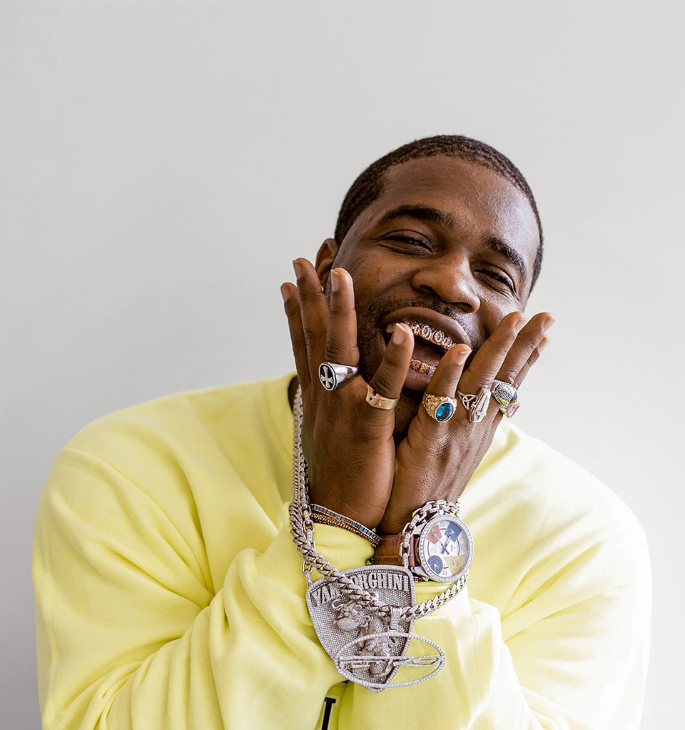Ice Cold: A$AP Ferg The Harlem-born artist and businessman wearing Ben Baller/IF & Co. (Yamborghini chain, created 2017), Jacob & Co. (watch, created 2013), and grills that spell out “Hood Pope” by Will Selby of WS Jewelry.