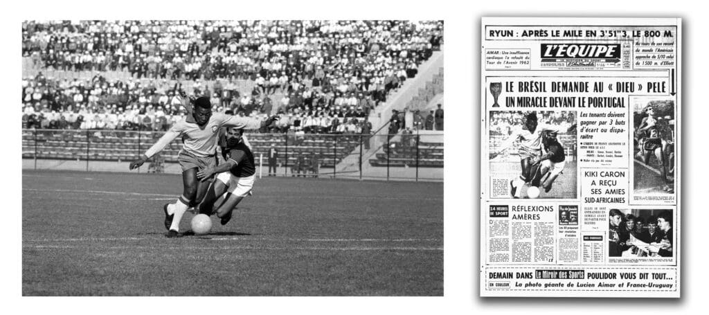 Diptyque Pelé et le Brésil, 1966, Goodison Park Liverpool © Andre Lecoq, L’Équipe, édition du 19 juillet 1966