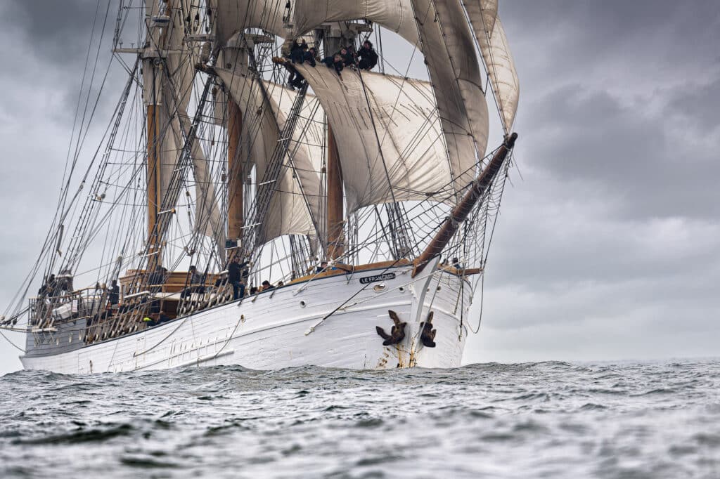 Iroise Sea, Students of the Naval School on board the sailing ship Le Français. August 2021. © Ewan Lebourdais, Official Painter of the Navy