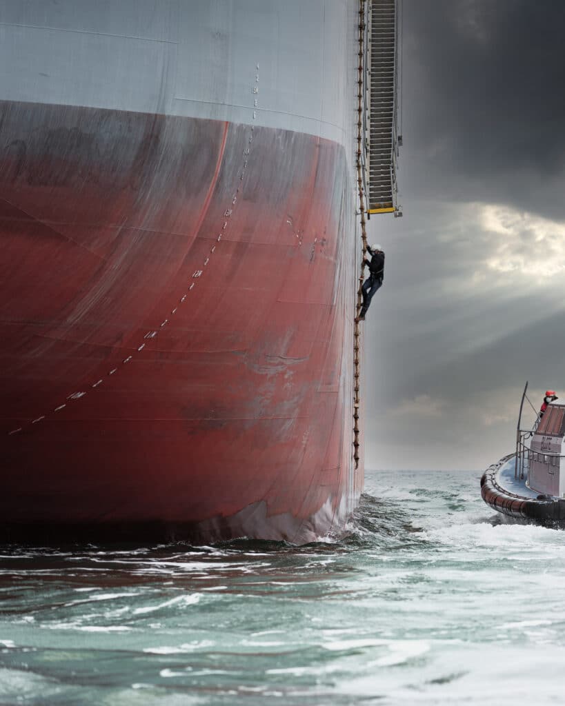 Panamax freighter The Genevan Trader and the port tender L’Hermine. May 2021. © Ewan Lebourdais, Official Painter of the Navy