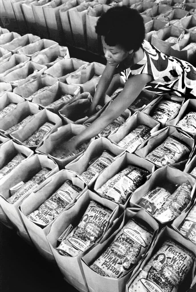 March, 1972 - Oakland, California, USA: Panther Free Food Program. Earlene Coleman, Black Panther Party member prepares bags of food for distribution at the Laney College student center for the Black Panther Community Survival Conference at the Oakland Coliseum where the Panthers gave away 6,000 bags of groceries. © Stephen Shames