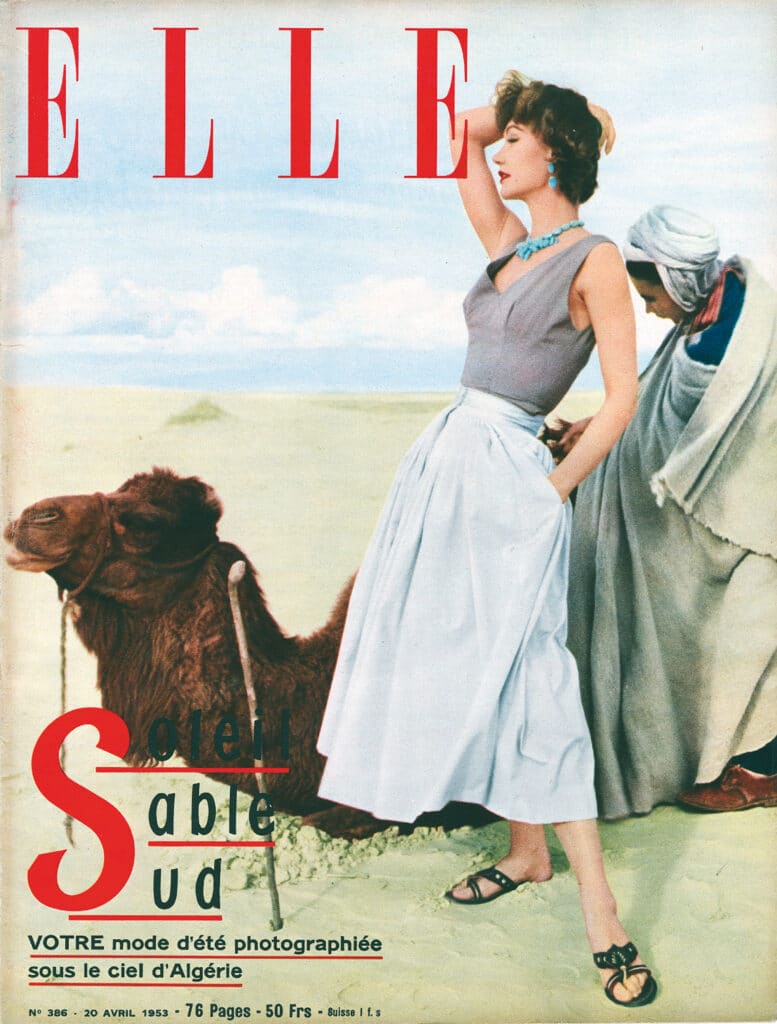 "Soleil Sable Sud " Sophie Litvak as Jean Dessès Cover of Elle, n°386, April 20, 1955 © Lionel Kazan / Elle France