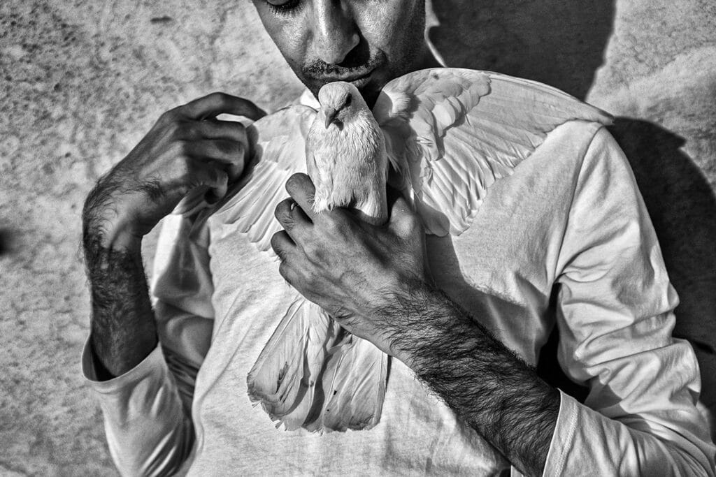 Libéré de la liberté. Un jeune garçon tient un pigeon qui a été amené au marché pour être vendu à Tabriz, en Iran, le 10 août 2015. Labyrinth explore les expériences socio-psychologiques de la génération post-révolutionnaire iranienne, partageant une fenêtre sur l'expérience d'une jeunesse réprimée confrontée à des taux élevés de chômage et d'anxiété pour l'avenir. © Farshid Tighehsaz / VII pour 6Mois