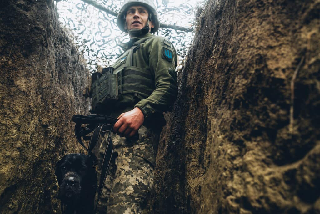 The fighters of the Ukrainian army, 30th brigade, early morning in the trenches on their positions. Eastern Ukraine.