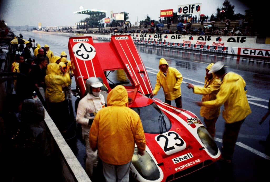 The #23 917 K driven by Richard Attwood and Hans Herrmann, dressed in the signature red and white Salzburg livery, covered 343 laps (4,607.811km) in the pouring rain at Le Sarthe circuit, winning Le Mans for the first time for Porsche. © Joe Honda / Le Mans Collection