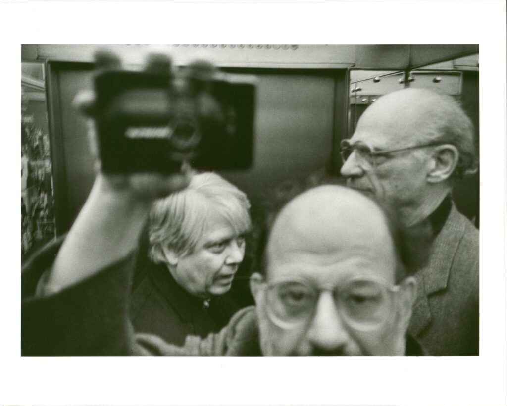 Arthur Miller, William H. Gass, Hotel Royal Elevator, Copenhagen, November 1985 ©Allen Ginsberg, courtesy of Fahey Klein Gallery, Los Angeles