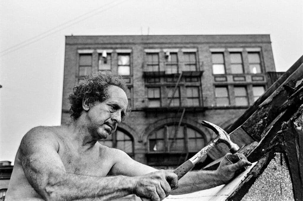 Roof repair, 7 Bleecker Street, NYC, 1981 © Brian Graham: Goin’ Down the Road with Robert Frank (2023)