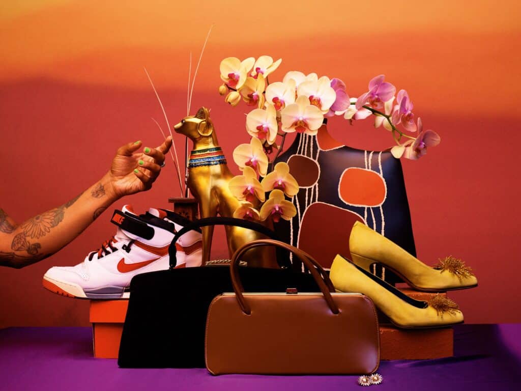 Awol Erizku, Ruth E. Carter’s costume design, featuring a pair of Nike Air Revolutions like the ones worn by Radio Raheem in Do the Right Thing; purses and starburst earrings for Coretta Scott King, in Selma; and Tina Turner’s pumps, from What’s Love Got to Do with It. New Yorker, 2018; from Awol Erizku: Mystic Parallax (Aperture, 2023). Courtesy the artist