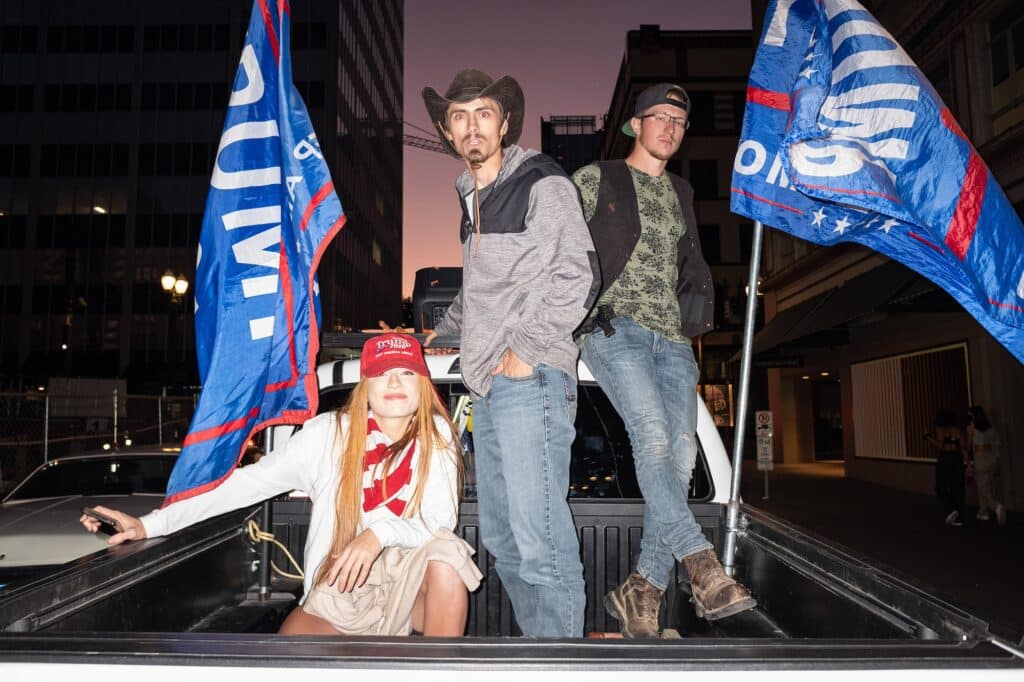 August 29, 2020. Trump supporters ride in a caravan “cruise rally” of vehicles parading through downtown Portland. © Rian Dundon