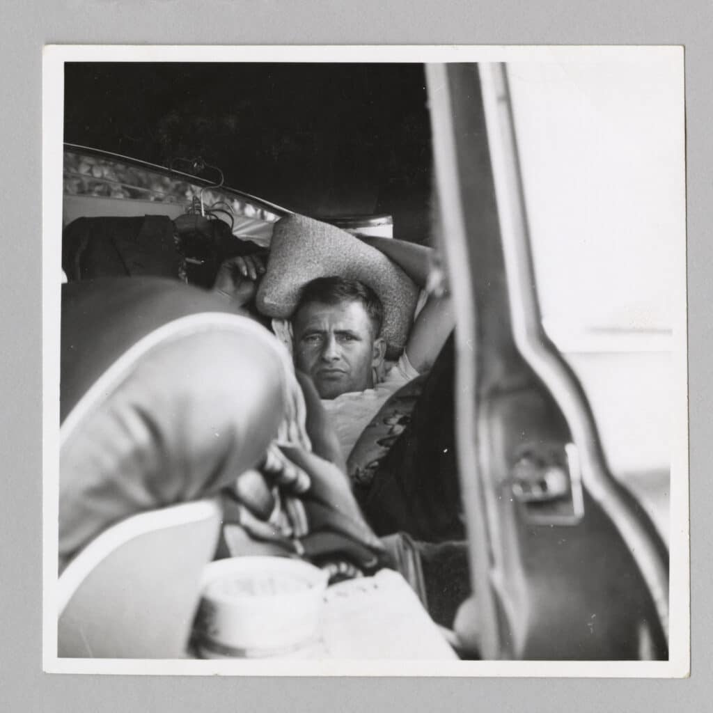 Untitled (man in car backseat), 1950s; American; gelatin silver print; image: 3 1/2 x 3 11/16 inches, sheet: 3 3/4 x 3 3/4 inches; Saint Louis Art Museum, Gift of John R. and Teenuh M. Foster 299:2018