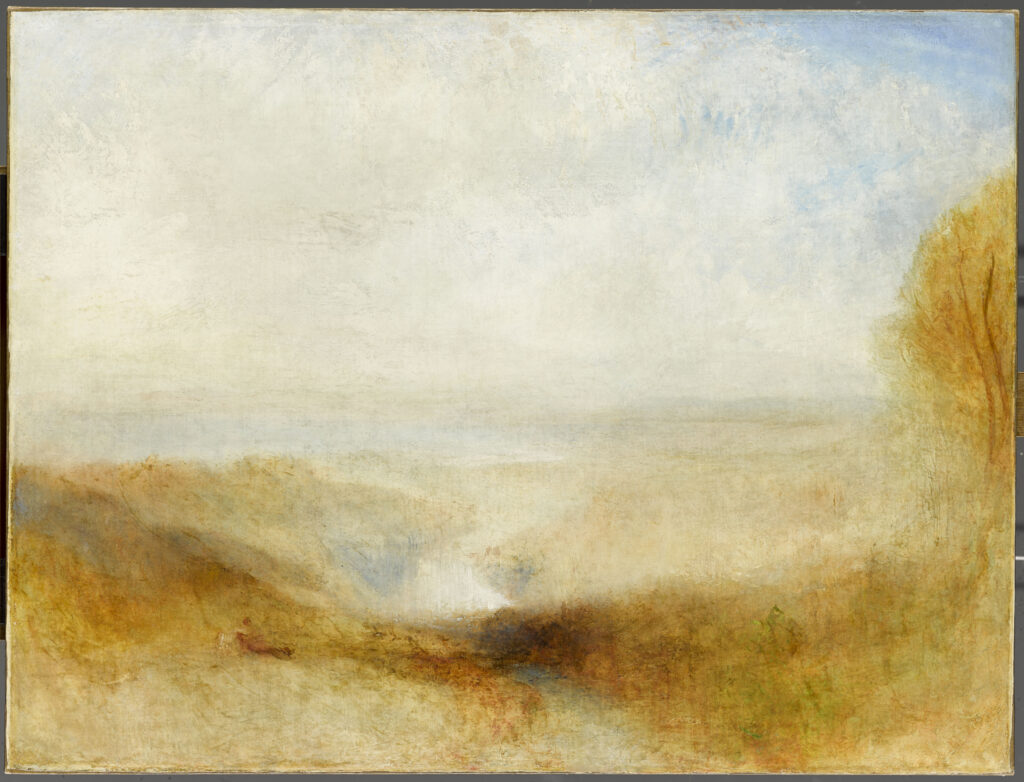 Joseph Mallord William Turner, Paysage avec une rivière et une baie dans le lointain ou Confluent de la Severn et de la Wye, vers 1845, Huile sur toile, 94 x 1163 cm, Musée du Louvre, Paris, Photo © 2014 Grand Palais Rmn (musée du Louvre) / Mathieu Rabeau